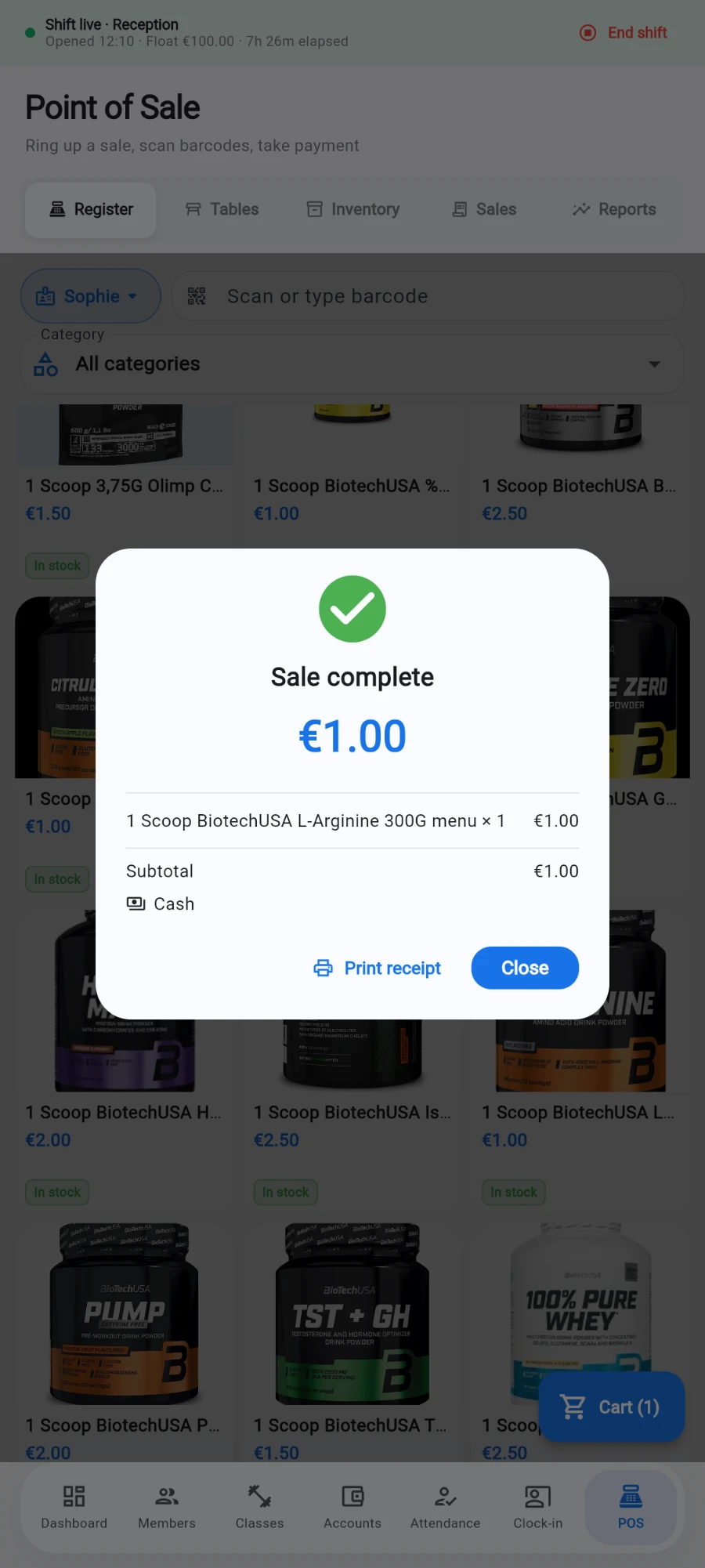 The Sale complete dialog with a green tick, the €1.00 total, the item line, the subtotal and Cash as the method, over the product grid